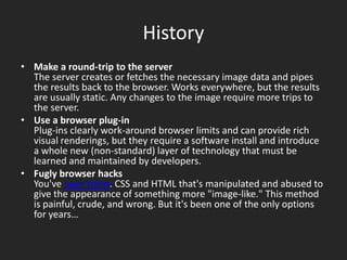 HistoryMake a round-trip to the serverThe server creates or fetches the necessary image data and pipes the results back to the browser. Works everywhere, but the results are usually static. Any changes to the image require more trips to the server. Use a browser plug-inPlug-ins clearly work-around browser limits and can provide rich visual renderings, but they require a software install and introduce a whole new (non-standard) layer of technology that must be learned and maintained by developers. Fugly browser hacksYou've seen them. CSS and HTML that's manipulated and abused to give the appearance of something more "image-like." This method is painful, crude, and wrong. But it's been one of the only options for years…