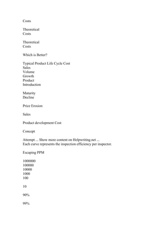Costs
Theoretical
Costs
Theoretical
Costs
Which is Better?
Typical Product Life Cycle Cost
Sales
Volume
Growth
Product
Introduction
Maturity
Decline
Price Erosion
Sales
Product development Cost
Concept
Attempt ... Show more content on Helpwriting.net ...
Each curve represents the inspection efficiency per inspector.
Escaping PPM
1000000
100000
10000
1000
100
10
90%
99%
 