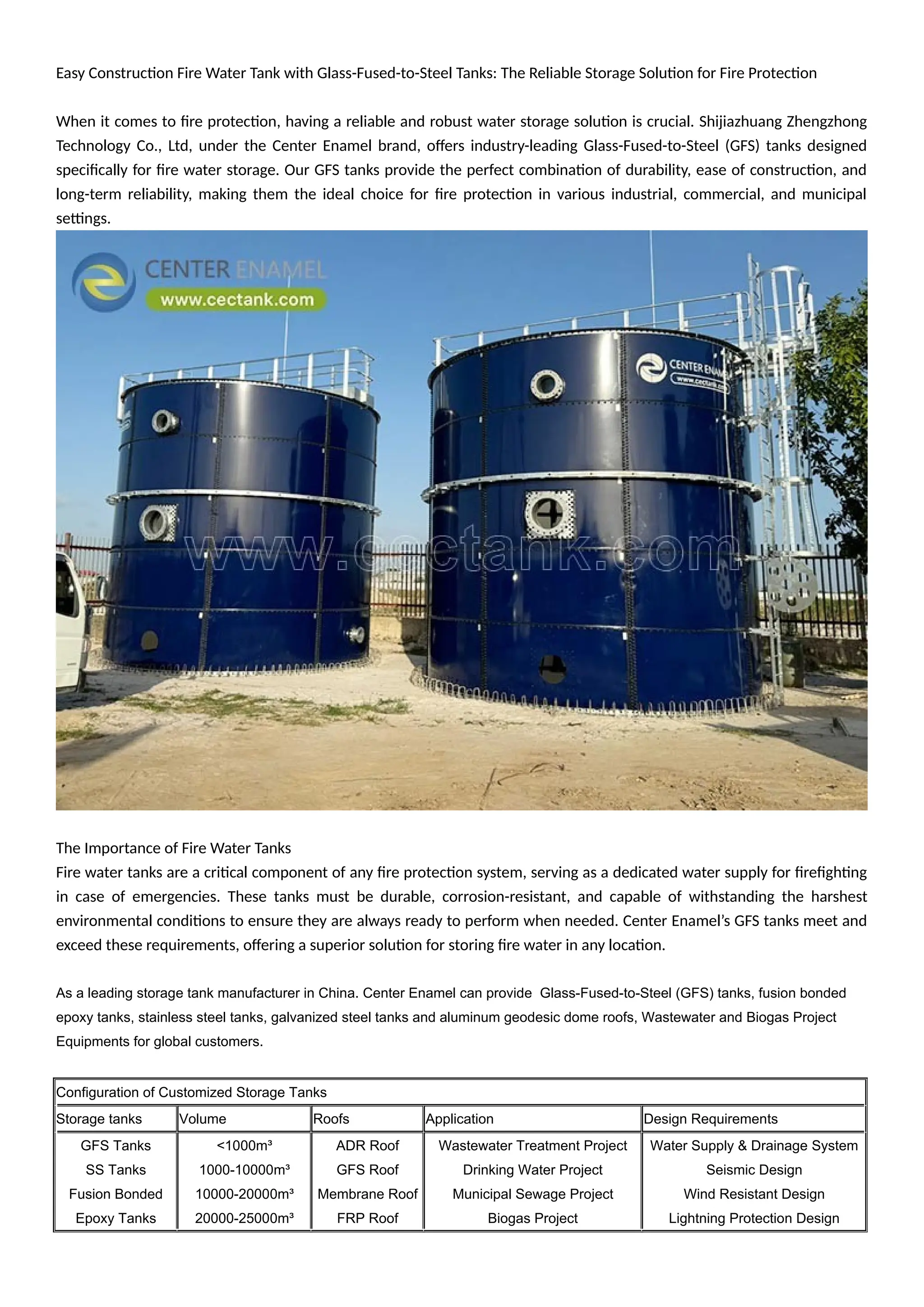 Easy Construction Fire Water Tank with Glass-Fused-to-Steel Tanks The ...
