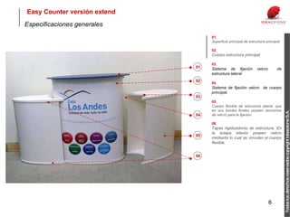 Especificaciones generales 01   Superficie principal de estructura principal 02   Cuerpo estructura principal 03   Sistema de fijación velcro  de estructura lateral 04   Sistema de fijación velcro  de cuerpo principal. 05   Cuerpo flexible de estructura lateral, que en sus bordes finales poseen secciones de velcro para la fijación. 06   Tapas rigidizadoras de estructura. En la solapa interior poseen velcro mediante lo cual se vinculan al cuerpo flexible.  Easy Counter versión extend Todos los derechos reservados copyright Ideazzione S.A. 01 02 03 04 05 06 
