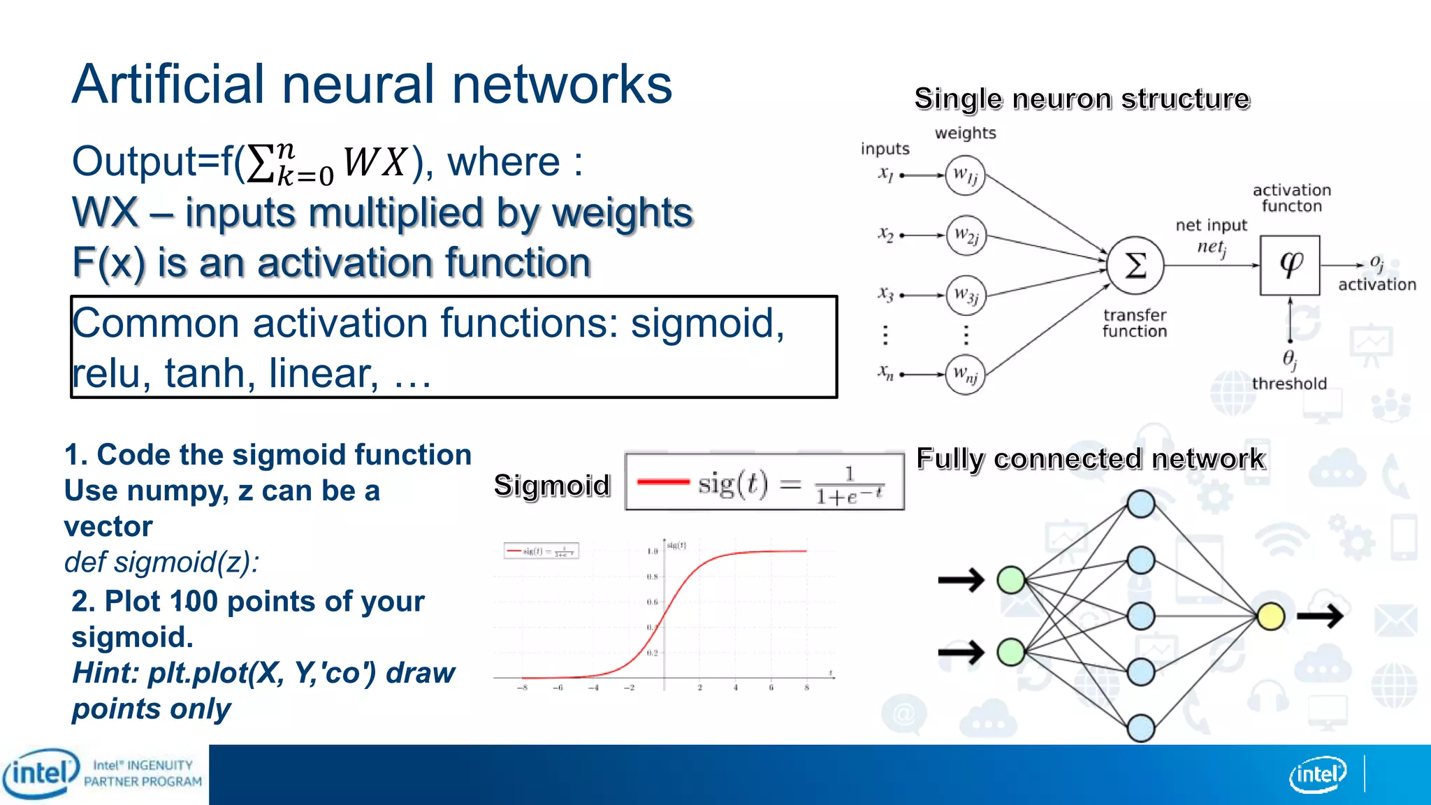Artificial neural networks
Output=f( 𝑘=0
𝑛
𝑊𝑋), where :
WX – inputs multiplied by weights
F(x) is an activation function
Common activation functions: sigmoid,
relu, tanh, linear, …
1. Code the sigmoid function
Use numpy, z can be a
vector
def sigmoid(z):
…2. Plot 100 points of your
sigmoid.
Hint: plt.plot(X, Y,'co') draw
points only
 