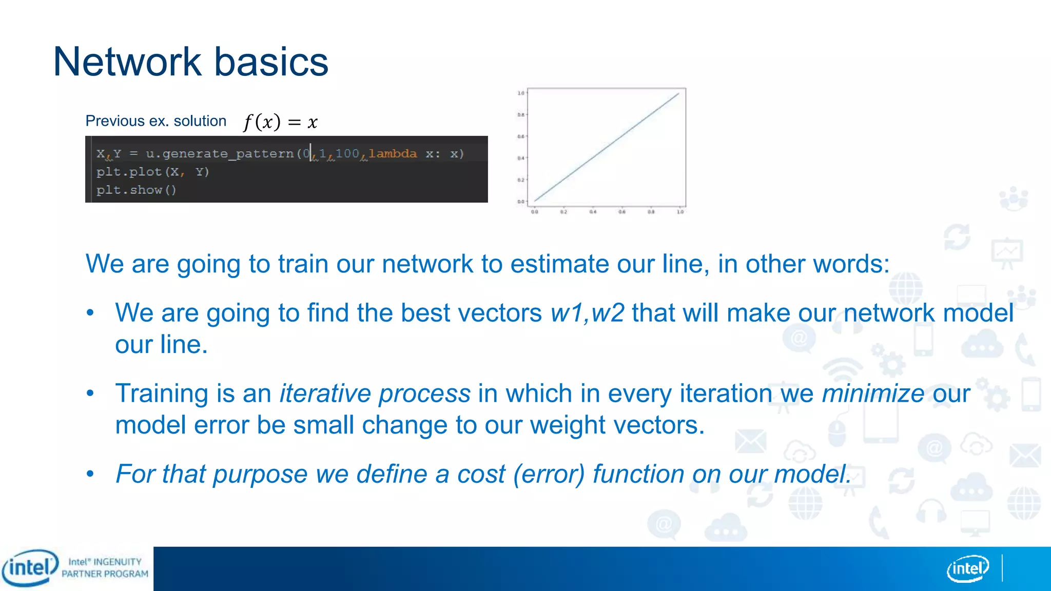 Network basics
We are going to train our network to estimate our line, in other words:
• We are going to find the best vectors w1,w2 that will make our network model
our line.
• Training is an iterative process in which in every iteration we minimize our
model error be small change to our weight vectors.
• For that purpose we define a cost (error) function on our model.
Previous ex. solution 𝑓 𝑥 = 𝑥
 