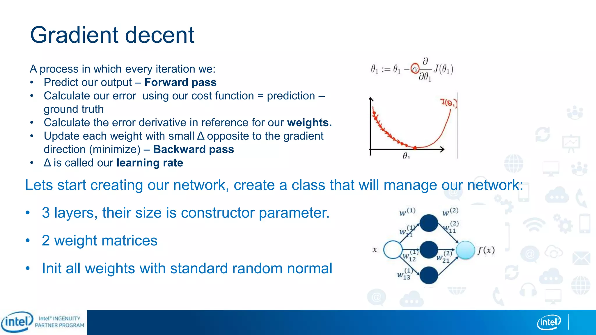 Gradient decent
Lets start creating our network, create a class that will manage our network:
• 3 layers, their size is constructor parameter.
• 2 weight matrices
• Init all weights with standard random normal
A process in which every iteration we:
• Predict our output – Forward pass
• Calculate our error using our cost function = prediction –
ground truth
• Calculate the error derivative in reference for our weights.
• Update each weight with small Δ opposite to the gradient
direction (minimize) – Backward pass
• Δ is called our learning rate
 