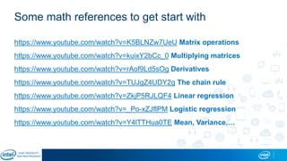 Some math references to get start with
https://www.youtube.com/watch?v=K5BLNZw7UeU Matrix operations
https://www.youtube.com/watch?v=kuixY2bCc_0 Multiplying matrices
https://www.youtube.com/watch?v=rAof9Ld5sOg Derivatives
https://www.youtube.com/watch?v=TUJgZ4UDY2g The chain rule
https://www.youtube.com/watch?v=ZkjP5RJLQF4 Linear regression
https://www.youtube.com/watch?v=_Po-xZJflPM Logistic regression
https://www.youtube.com/watch?v=Y4lTTHua0TE Mean, Variance,…
 