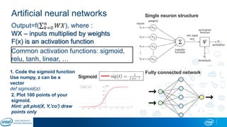 Artificial neural networks
Output=f( 𝑘=0
𝑛
𝑊𝑋), where :
WX – inputs multiplied by weights
F(x) is an activation function
Common activation functions: sigmoid,
relu, tanh, linear, …
1. Code the sigmoid function
Use numpy, z can be a
vector
def sigmoid(z):
…2. Plot 100 points of your
sigmoid.
Hint: plt.plot(X, Y,'co') draw
points only
 