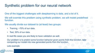 Synthetic problem for our neural network
One of the biggest challenges with deeplearning is data, and a lot of it.
We will override this problem using synthetic problem, we will model predefined
function.
We usually divide our dataset to (at least) two groups:
• Training, ~70% of our data.
• Test, 30% of our data.
In real life cases you are likely to have validation as well.
Our problem is to predict some function behavior given points from this function, later
comparing our model into new generated points from the function.
Lets example
 