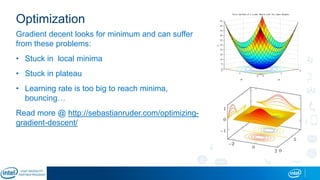 Optimization
Gradient decent looks for minimum and can suffer
from these problems:
• Stuck in local minima
• Stuck in plateau
• Learning rate is too big to reach minima,
bouncing…
Read more @ http://sebastianruder.com/optimizing-
gradient-descent/
 