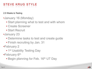 STEVE KRUG STYLE


   2.5 Weeks to Testing

   •January 16 (Monday)
     • Start planning what to test and with whom
     • Create Screener
     • Start Recruit
   •January 23
     • Determine tasks to test and create guide
     • Finish recruiting by Jan. 31
   •February 2
     • 1st Usability Testing Day
   •February 6th
     • Begin planning for Feb. 16th UT Day

Page 51
 