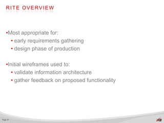 RITE OVERVIEW




   •Most appropriate for:
     • early requirements gathering
     • design phase of production

   •Initial wireframes used to:
     • validate information architecture
     • gather feedback on proposed functionality




Page 57
 