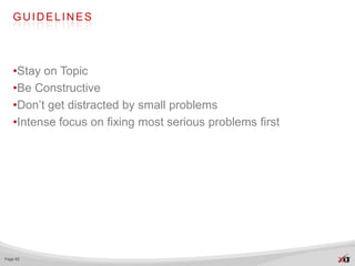GUIDELINES




   •Stay on Topic
   •Be Constructive
   •Don’t get distracted by small problems
   •Intense focus on fixing most serious problems first




Page 62
 