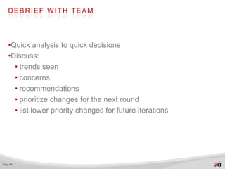 DEBRIEF WITH TEAM




   •Quick analysis to quick decisions
   •Discuss:
     • trends seen
     • concerns
     • recommendations
     • prioritize changes for the next round
     • list lower priority changes for future iterations




Page 64
 