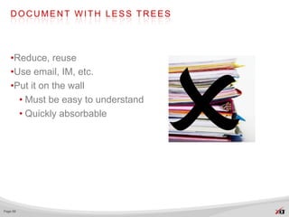 DOCUMENT WITH LESS TREES




   •Reduce, reuse
   •Use email, IM, etc.
   •Put it on the wall
     • Must be easy to understand
     • Quickly absorbable




Page 68
 