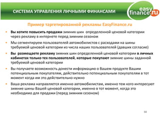 СИСТЕМА УПРАВЛЕНИЯ ЛИЧНЫМИ ФИНАНСАМИ
  СИСТЕМА УПРАВЛЕНИЯ ЛИЧНЫМИ ФИНАНСАМИ

           Пример таргетированной рекламы EasyFinance.ru
• Вы хотите повысить продажи зимних шин определенной ценовой категории
  через рекламу в интернете перед зимним сезоном
• Мы сегментируем пользователей автомобилистов с расходами на шины
  требуемой ценовой категории из числа наших пользователей (давших согласие)
• Вы размещаете рекламу зимних шин определенной ценовой категории в личных
  кабинетах только тех пользователей, которые покупают зимние шины заданной
  требуемой ценовой категории
• Вы получаете возможность донести информацию о Вашем продукте Вашим
  потенциальным покупателям, действительно потенциальным покупателям в тот
  момент когда им это действительно нужно
• Ваша реклама направляется именно автомобилистам, именно тем кого интересуют
  зимние шины Вашей ценовой категории, именно в тот момент, когда это
  необходимо для продажи (перед зимним сезоном)



                                                                         14
 