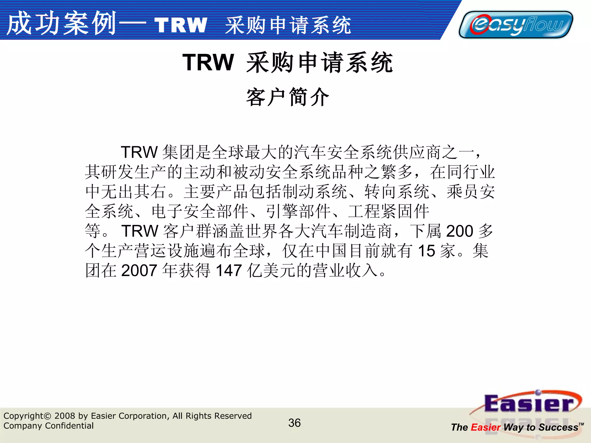 成功案例— TRW   采购申请系统 TRW  采购申请系统 客户简介 TRW 集团是全球最大的汽车安全系统供应商之一，其研发生产的主动和被动安全系统品种之繁多，在同行业中无出其右。主要产品包括制动系统、转向系统、乘员安全系统、电子安全部件、引擎部件、工程紧固件等。 TRW 客户群涵盖世界各大汽车制造商，下属 200 多个生产营运设施遍布全球，仅在中国目前就有 15 家。集团在 2007 年获得 147 亿美元的营业收入。 