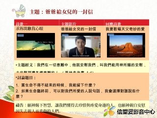 詩歌一 主題影片 回應詩歌
求祢開 我心眼啟 爸爸給女兒的一封信 我要歌唱天父奇妙的愛
•主題經文：我們在一切患難中，他就安慰我們，叫我們能用神所賜的安慰，
去安慰那遭各樣患難的人 . ( 哥林多後書 1:4)
•討論題目：
1. 當生命不得不結束的時候 , 我能留下什麼 ? 
2. 如果生命臨終前 , 可以對我們所愛的人說句話 , 我會選擇對誰說些什
麼 ? 
3. 看完這部影片 , 是否讓自己想起心中思念的某個人 ? 願意分享曾經失去親
人的經歷嗎 ?
禱告：願神賜下智慧，讓我們懂得去珍惜與疼愛身邊的人。也願神親自安慰
因失去親人而悲傷的人們。
主題： 給女兒的一封信爸爸
 