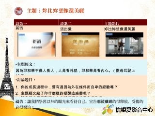 詩歌一 詩歌二 主題影片
新酒 活出愛 妳比妳想像還美麗
•主題經文：
因為耶和華不像人看人，人是看外貌，耶和華是看內心。 ( 撒母耳記上
16:7)
•討論題目：
1. 你的成長過程中，曾有過因為外在條件而自卑的經驗嗎 ?
2. 主題經文給了你什麼樣的提醒或感動呢？
3. 讓我們來想想聖經中上帝所看重的特質有哪些呢？
禱告：讓我們學習以神的眼光來看待自己。宣告那被 的得釋放、受傷的綑綁
必得醫治！
主題： 比 想像還美麗妳 妳
 