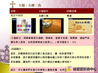 主題：五餅二魚
詩歌一

主題影片

回應詩歌

愛是不保留

五餅二魚

揀選

•主題經文：耶穌拿著這五個餅、兩條魚，望著天祝福，掰開餅，遞給門徒，

擺在眾人面前，也把那兩條魚分給眾人。 ( 馬可福音 6 ： 41)
•討論題目：

朋友，你願意將自己的五餅二魚交給主，讓 祂來使用嗎？
如若願意，是什麼原因讓您心無恐懼地擺上所有？請和大家分享您的見證！
若有遲疑，讓我們一起想想，為什麼自己會擔心害怕呢？
禱告：求主讓我在當行的事物上毫無恐懼，全然擺上。

 