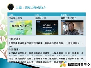 主題：讓壓力變成助力
詩歌一
釋放屬天能力

詩歌二
我已得自由

主題影片
讓壓力變成助力

：

•主題經文

凡勞苦擔重擔的人可以到我這裡來，我就使你們得安息。 ( 馬 11 ： 28)
•討論題目：

生活裡的勞苦愁煩，無時無刻都在困擾我，也許是學業、就業、談戀愛、成
家，我該如何泰然處之呢？目前讓自己感到壓力最大的是哪一方面呢？
禱告：讓我們彼此代禱，求神賜下平安，讓我們心得安穩；賜我們智慧，使
我們懂得安排自己的生活，過著平衡的生活，不偏不頗。

 