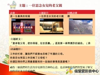 主題：一位思念女兒的老父親
詩歌一
這一生最美的祝福

主題影片
一位思念女兒的老父親

回應詩歌
橋

•主題經文：

要孝敬父母，使你得福，在世長壽。 ( 弗 6 ： 2)
•討論題目：

你是否也常因工作忽略了父母呢？
你還記得你們之間最喜歡和你一起做的事情是甚麼嗎？
禱告：願我們的生活次序安排符合神的心意，也求神賜給我們智慧來了解父
母的喜好並且珍愛他們。

 
