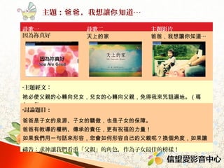 主題：爸爸 ，我想讓你 知道‧‧‧
詩歌一
因為祢真好

詩歌二
天上的家

主題影片
爸爸，我想讓你知道‧‧‧

•主題經文：

祂必使父親的心轉向兒女，兒女的心轉向父親，免得我來咒詛遍地。 ( 瑪
4 ： 6)
•
•討論題目：

爸爸是子女的泉源、子女的驕傲，也是子女的保障。
爸爸有教導的權柄、傳承的責任，更有祝福的力量！
如果我們用一句話來形容，您會如何形容自己的父親呢？換個角度，如果讓
子女來形容自己，您覺得他們又會說出什麼樣的話呢？
禱告：求神讓我們看重「父親」的角色，作為子女最佳的榜樣！

 