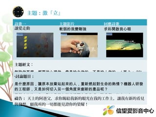 主題：激「立」
詩歌一
讓愛走動

主題影片
軟弱的我變剛強

回應詩歌
求祢開啟我心眼

主題經文：
無論做甚麼，都要從心裡做，像是給主做的，不是給人做的。 ( 西 3 ： 23)
•討論題目：

是什麼原因，讓原本放棄站起來的人，重新燃起對生命的熱情？機器人研發
的工程師，又是如何切入另一個角度來創新的產品呢？
反觀自己的工作，影片是否有甚麼提醒和啟發嗎？讓我們一起來分享！
禱告： 天上的阿爸父，求你賜給我新的眼光在我的工作上，讓我有新的看見
與發想。願我所的一切都能見證你的榮耀！

 