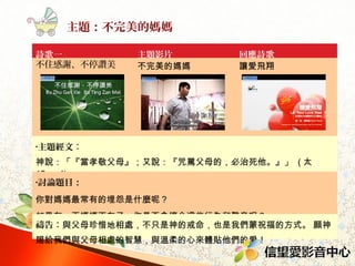 主題：不完美的媽媽
詩歌一
不住感謝、不停讚美

主題影片
不完美的媽媽

回應詩歌
讓愛飛翔

•主題經文：

神說：「當孝敬父母；又說：咒罵父母的，必治死他。」 ( 太 15 ： 4)
•討論題目：

你對媽媽最常有的埋怨是什麼呢？
如果有一天媽媽不在了，你是否會懷念這些行為和聲音呢？
禱告：與父母珍惜地相處，不只是神的戒命，也是我們蒙祝福的方式。 願神
賜給我們與父母相處的智慧，與溫柔的心來體貼他們的愛！  

 