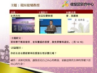 主題：從囚犯變教授
詩歌一
全然向祢

主題影片
從囚犯變教授

回應詩歌
愛，我願意

•主題經文：

耶和華不輕易發怒，並有豐盛的慈愛，赦免罪孽和過犯。 ( 民 14:18)
•討論題目：

你的生命也曾經著神的愛發生奇妙變化嗎？
禱告：求神光照我，讓我看見自己內心的軟弱。並願意降伏在神的掌權下活
出心的生命！

 