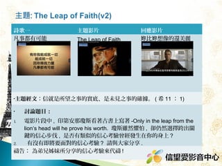 詩歌一
凡事都有可能

主題影片
The Leap of Faith

回應影片
妳比妳想像的還美麗

•主題經文：信就是所望之事的實底、是未見之事的確據。

•
1
.

2.

( 希 11 ： 1)

討論題目：
電影片段中 , 印第安那瓊斯看著古書上寫著 -Only in the leap from the
lion‘s head will he prove his worth. 瓊斯雖然懼怕 , 卻仍然選擇跨出關
鍵的信心步伐 , 是否有類似的信心考驗曾經發生在你的身上 ?
有沒有即將要面對的信心考驗 ? 請與大家分享 .

禱告： 為弟兄姊妹所分享的信心考驗來代禱 !

 