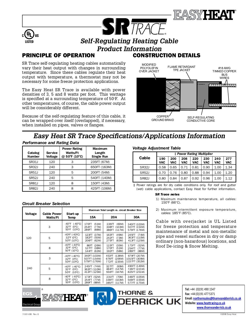 EasyHeat SR Heat Tracing Cable Spec Sheet
