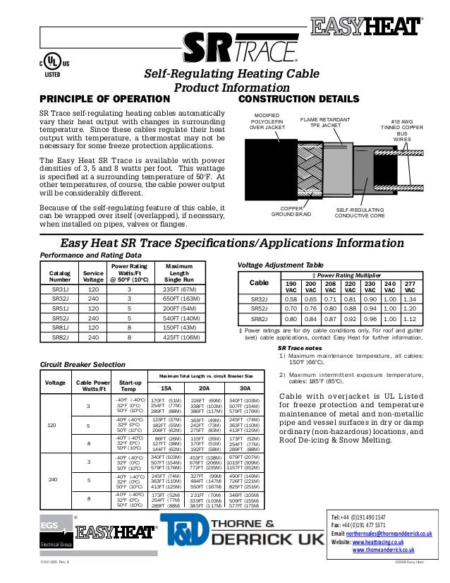 EasyHeat SR Heat Tracing Cable Spec Sheet