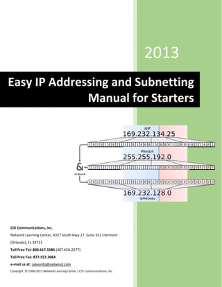  


       

                                            




                                                                             2013
Easy IP Addressing and Subnetting 
              Manual for Starters




CDi Communications, Inc. 
Netwind Learning Center, 4327 South Hwy 27, Suite 331 Clermont 
(Orlando), FL 34711  
Toll Free Tel: 800.617.5586 (407.656.2277)               
Toll Free Fax: 877.557.3064 
e‐mail us at: salesinfo@netwind.com 
Copyright  © 1996‐2013 Netwind Learning Center / CDi Communications, Inc. 
       
 
 