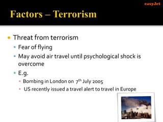  Threat from terrorism
 Fear of flying
 May avoid air travel until psychological shock is
overcome
 E.g.
▪ Bombing in London on 7th July 2005
▪ US recently issued a travel alert to travel in Europe
 