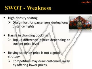  High-density seating
 Discomfort for passengers during long
distance flights
 Hassle in changing bookings
 Top up difference in price depending on
current price level
 Relying solely on price is not a good
strategy
 Competitors may draw customers away
by offering lower prices
 