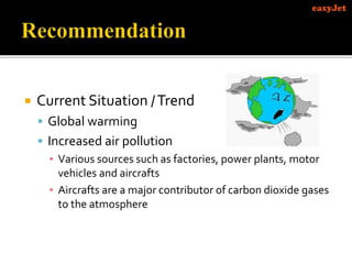  Current Situation /Trend
 Global warming
 Increased air pollution
▪ Various sources such as factories, power plants, motor
vehicles and aircrafts
▪ Aircrafts are a major contributor of carbon dioxide gases
to the atmosphere
 