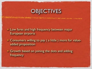 OBJECTIVES


Low fares and high frequency between major
European airports

Consumers willing to pay ( a little ) more for value-
added proposition

Growth based on joining the dots and adding
frequency
 