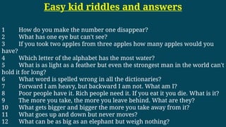 Easy kid riddles and answers
1 How do you make the number one disappear?
2 What has one eye but can't see?
3 If you took two apples from three apples how many apples would you
have?
4 Which letter of the alphabet has the most water?
5 What is as light as a feather but even the strongest man in the world can't
hold it for long?
6 What word is spelled wrong in all the dictionaries?
7 Forward I am heavy, but backward I am not. What am I?
8 Poor people have it. Rich people need it. If you eat it you die. What is it?
9 The more you take, the more you leave behind. What are they?
10 What gets bigger and bigger the more you take away from it?
11 What goes up and down but never moves?
12 What can be as big as an elephant but weigh nothing?
 