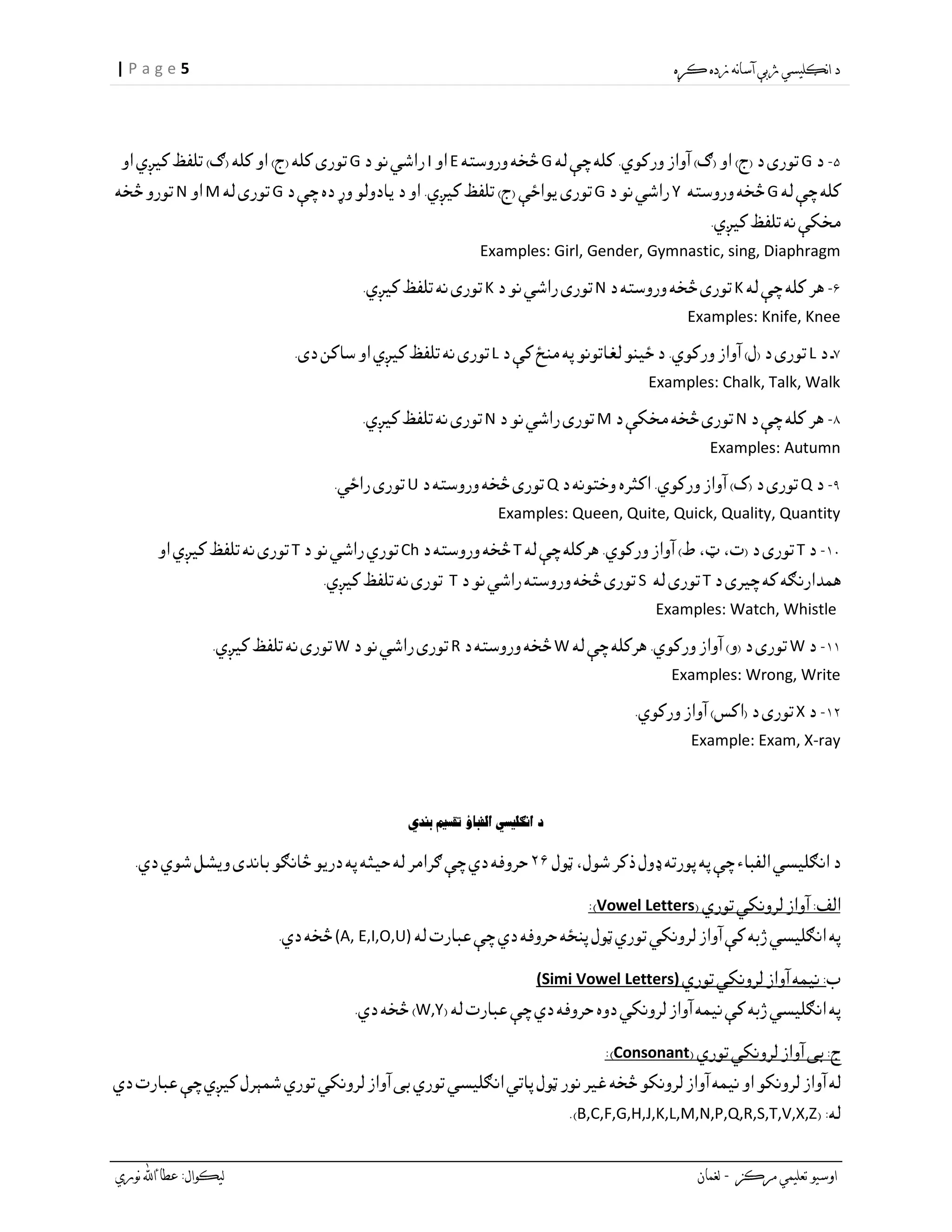 5| P a g e
۵GGEIG
GYGGMN
Examples: Girl, Gender, Gymnastic, sing, Diaphragm
۶KNK
Examples: Knife, Knee
۷LL
Examples: Chalk, Talk, Walk
۸NMN
Examples: Autumn
۹QQU
Examples: Queen, Quite, Quick, Quality, Quantity
۱۰TTChT
TST
Examples: Watch, Whistle
۱۱WWRW
Examples: Wrong, Write
۱۲X
Example: Exam, X-ray
۲۶
Vowel Letters
(A, E,I,O,U)
)Simi Vowel Letters(
W,Y
Consonant
B,C,F,G,H,J,K,L,M,N,P,Q,R,S,T,V,X,Z
 