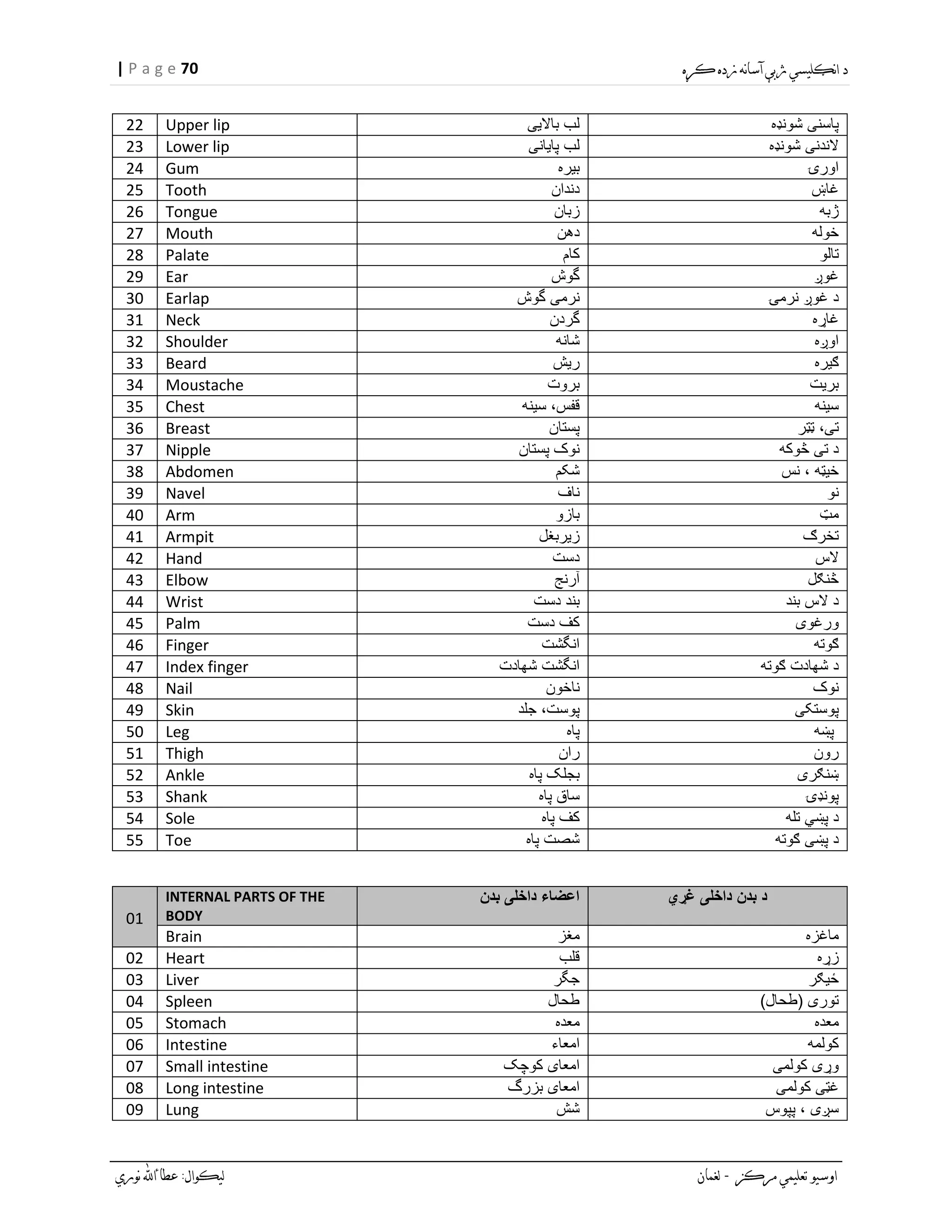 70| P a g e
22 Upper lip ‫باالیی‬ ‫لب‬ ‫شونډه‬ ‫پاسنی‬
23 Lower lip ‫لب‬‫پایانی‬ ‫شونډه‬ ‫الندنی‬
24 Gum ‫بیره‬ ‫اورۍ‬
25 Tooth ‫دندان‬ ‫غاښ‬
26 Tongue ‫زبان‬ ‫ژبه‬
27 Mouth ‫دهن‬ ‫خوله‬
28 Palate ‫کام‬ ‫تالو‬
29 Ear ‫گوش‬ ‫غوږ‬
30 Earlap ‫گوش‬ ‫نرمی‬ ‫نرمۍ‬ ‫غوږ‬ ‫د‬
31 Neck ‫گردن‬ ‫غاړه‬
32 Shoulder ‫شانه‬ ‫اوږه‬
33 Beard ‫ریش‬ ‫ګیره‬
34 Moustache ‫بروت‬ ‫بریت‬
35 Chest ‫قفس‬‫سینه‬ ، ‫سینه‬
36 Breast ‫پستان‬ ‫ټټر‬ ،‫تی‬
37 Nipple ‫نوک‬‫پستان‬ ‫څوکه‬ ‫تی‬ ‫د‬
38 Abdomen ‫شکم‬ ‫نس‬ ، ‫خیټه‬
39 Navel ‫ناف‬ ‫نو‬
40 Arm ‫بازو‬ ‫مټ‬
41 Armpit ‫زیربغل‬ ‫تخرګ‬
42 Hand ‫دست‬ ‫الس‬
43 Elbow ‫آرنج‬ ‫څنګل‬
44 Wrist ‫دست‬ ‫بند‬ ‫بند‬ ‫الس‬ ‫د‬
45 Palm ‫دست‬ ‫کف‬ ‫ورغوی‬
46 Finger ‫انگشت‬ ‫ګوته‬
47 Index finger ‫شهادت‬ ‫انگشت‬ ‫ګوته‬ ‫شهادت‬ ‫د‬
48 Nail ‫ناخون‬ ‫نوک‬
49 Skin ‫جلد‬ ،‫پوست‬ ‫پوستکی‬
50 Leg ‫پاه‬ ‫پښه‬
51 Thigh ‫ران‬ ‫رون‬
52 Ankle ‫بجلک‬‫پاه‬ ‫ښنګری‬
53 Shank ‫ساق‬‫پاه‬ ‫پونډۍ‬
54 Sole ‫کف‬‫پاه‬ ‫تله‬ ‫پښي‬ ‫د‬
55 Toe ‫شصت‬‫پاه‬ ‫ګوته‬ ‫پښی‬ ‫د‬
01
INTERNAL PARTS OF THE
BODY
‫بدن‬ ‫داخلی‬ ‫اعضاء‬ ‫داخلی‬ ‫بدن‬ ‫د‬‫غړي‬
Brain ‫مغز‬ ‫ماغزه‬
02 Heart ‫قلب‬ ‫زړه‬
03 Liver ‫جگر‬ ‫ځیګر‬
04 Spleen ‫طحال‬ )‫(طحال‬ ‫توری‬
05 Stomach ‫معده‬ ‫معده‬
06 Intestine ‫امعاء‬ ‫کولمه‬
07 Small intestine ‫کوچک‬ ‫امعای‬ ‫کولمی‬ ‫وړی‬
08 Long intestine ‫بزرگ‬ ‫امعای‬ ‫کولمی‬ ‫غټی‬
09 Lung ‫شش‬ ‫پپوس‬ ، ‫سږی‬
 