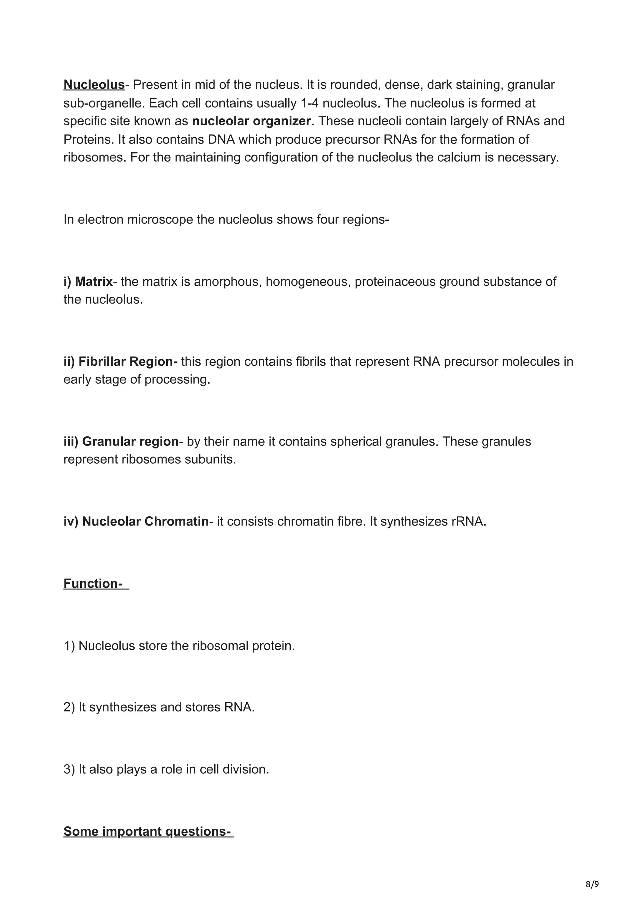 8/9
Nucleolus- Present in mid of the nucleus. It is rounded, dense, dark staining, granular
sub-organelle. Each cell contains usually 1-4 nucleolus. The nucleolus is formed at
specific site known as nucleolar organizer. These nucleoli contain largely of RNAs and
Proteins. It also contains DNA which produce precursor RNAs for the formation of
ribosomes. For the maintaining configuration of the nucleolus the calcium is necessary.
In electron microscope the nucleolus shows four regions-
i) Matrix- the matrix is amorphous, homogeneous, proteinaceous ground substance of
the nucleolus.
ii) Fibrillar Region- this region contains fibrils that represent RNA precursor molecules in
early stage of processing.
iii) Granular region- by their name it contains spherical granules. These granules
represent ribosomes subunits.
iv) Nucleolar Chromatin- it consists chromatin fibre. It synthesizes rRNA.
Function-
1) Nucleolus store the ribosomal protein.
2) It synthesizes and stores RNA.
3) It also plays a role in cell division.
Some important questions-
 