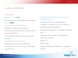 … und aus einer Hand Dienstleistungen Einführen von easy LEARN Wir unterstützen Sie beim Installieren und Einführen von  easy LEARN. Coaching beim Erstellen von Inhalten Auf Wunsch erhalten Ihre Fachexperten Anwendungsberatung anlässlich eines gemeinsamen Lernrezept-Workshops Oder individuelle professionelle Beratung bei der Erstellung. Lernmittelerstellung in Ihrem Auftrag Die Erstellung von einzelnen multimedialen Lerninhalten oder ganzen Lernrezepten übernehmen wir gerne für Sie. Praktische Online-Dienste, die das Erstellen von Lerninhalt erleichtern Damit Ihre Fachexperten nicht unnötig Zeit «verklicken», erledigen wir für sie diese Arbeiten. Kurzfristig, routiniert und effizient. Umwandeln/Komprimieren: Texte, Bilder, Tondateien, Video … Aufpeppen: Professionell vertonen, illustrieren, entrauschen, entstören Übersetzen Quiz erstellen Zugriff auf Bibliotheken: Musikdateien, Fotografien, Grafiken Dienstleistungen 