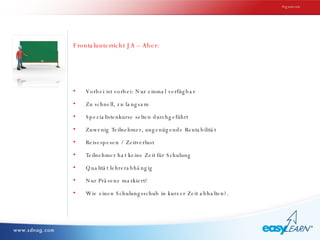 Frontalunterricht JA – Aber: Argumente Vorbei ist vorbei: Nur einmal verfügbar Zu schnell, zu langsam Spezialistenkurse selten durchgeführt Zuwenig Teilnehmer, ungenügende Rentabilität Reisespesen / Zeitverlust Teilnehmer hat keine Zeit für Schulung Qualität lehrerabhängig Nur Präsenz markiert? Wie einen Schulungsschub in kurzer Zeit abhalten?. 