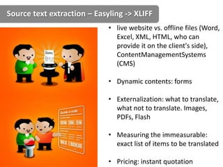 Source text extraction – Easyling -> XLIFF
                             • live website vs. offline files (Word,
                               Excel, XML, HTML, who can
                               provide it on the client's side),
                               ContentManagementSystems
                               (CMS)

                             • Dynamic contents: forms

                             • Externalization: what to translate,
                               what not to translate. Images,
                               PDFs, Flash

                             • Measuring the immeasurable:
                               exact list of items to be translated

                             • Pricing: instant quotation
 