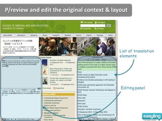 P/review and edit the original context & layout




                                           List of translation
                                           elements




                                            Editing panel
 