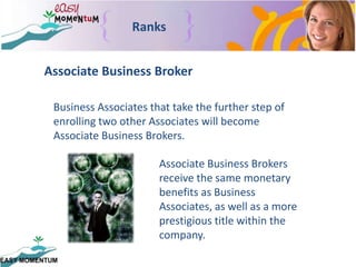   Top Recruiting Bonus.RankingYour monthly earning potential is based off the rank that you have earned.A rank is a name that defines a set of qualifications and benefits in the compensation plan.  When you meet a defined set of qualifications, you will receive the benefits tied to it.  Associate.