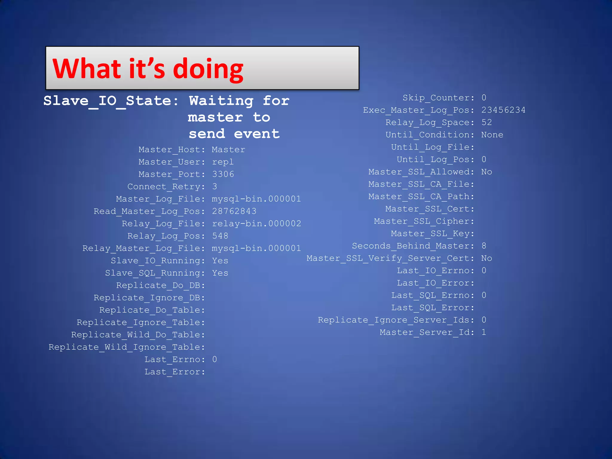 Slave_IO_State: Waiting for master to send event Master_Host: Master Master_User: repl Master_Port: 3306 Connect_Retry: 3 Master_Log_File: mysql-bin.000001 Read_Master_Log_Pos: 28762843 Relay_Log_File: relay-bin.000002 Relay_Log_Pos: 548 Relay_Master_Log_File: mysql-bin.000001 Slave_IO_Running: Yes Slave_SQL_Running: Yes Replicate_Do_DB: Replicate_Ignore_DB: Replicate_Do_Table: Replicate_Ignore_Table: Replicate_Wild_Do_Table: Replicate_Wild_Ignore_Table: Last_Errno: 0 Last_Error: Skip_Counter: 0 Exec_Master_Log_Pos: 23456234 Relay_Log_Space: 52 Until_Condition: None Until_Log_File: Until_Log_Pos: 0 Master_SSL_Allowed: No Master_SSL_CA_File: Master_SSL_CA_Path: Master_SSL_Cert: Master_SSL_Cipher: Master_SSL_Key: Seconds_Behind_Master: 8 Master_SSL_Verify_Server_Cert: No Last_IO_Errno: 0 Last_IO_Error: Last_SQL_Errno: 0 Last_SQL_Error: Replicate_Ignore_Server_Ids: 0 Master_Server_Id: 1 What it’s doing 