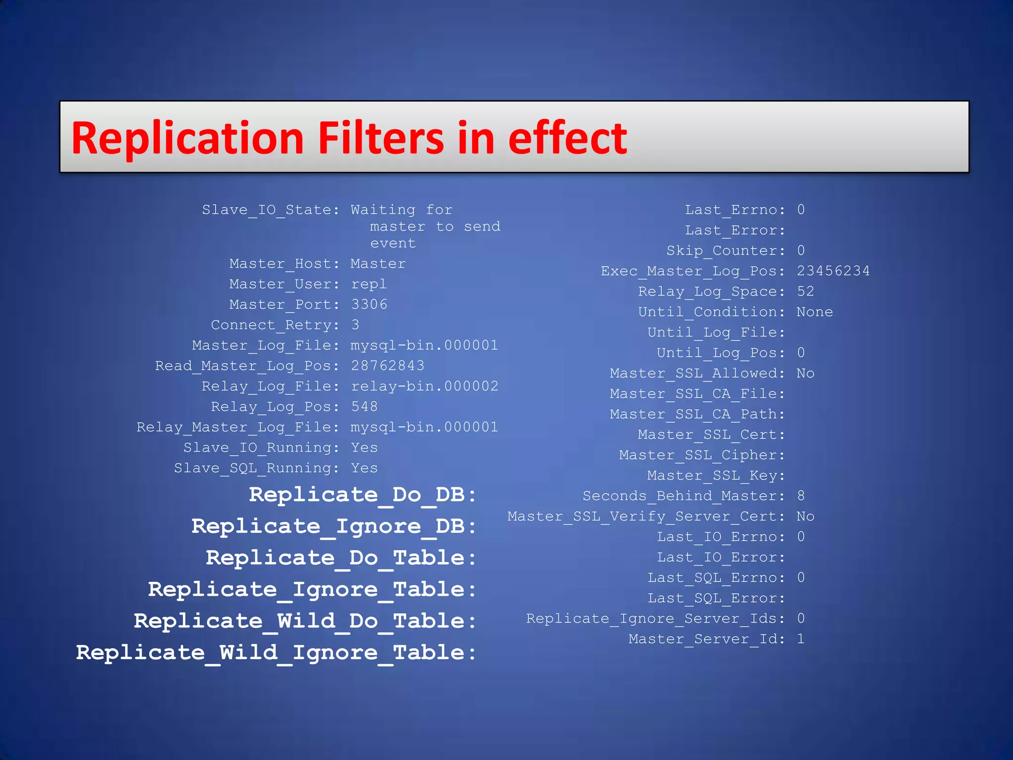 Slave_IO_State: Waiting for master to send event Master_Host: Master Master_User: repl Master_Port: 3306 Connect_Retry: 3 Master_Log_File: mysql-bin.000001 Read_Master_Log_Pos: 28762843 Relay_Log_File: relay-bin.000002 Relay_Log_Pos: 548 Relay_Master_Log_File: mysql-bin.000001 Slave_IO_Running: Yes Slave_SQL_Running: Yes Replicate_Do_DB: Replicate_Ignore_DB: Replicate_Do_Table: Replicate_Ignore_Table: Replicate_Wild_Do_Table: Replicate_Wild_Ignore_Table: Last_Errno: 0 Last_Error: Skip_Counter: 0 Exec_Master_Log_Pos: 23456234 Relay_Log_Space: 52 Until_Condition: None Until_Log_File: Until_Log_Pos: 0 Master_SSL_Allowed: No Master_SSL_CA_File: Master_SSL_CA_Path: Master_SSL_Cert: Master_SSL_Cipher: Master_SSL_Key: Seconds_Behind_Master: 8 Master_SSL_Verify_Server_Cert: No Last_IO_Errno: 0 Last_IO_Error: Last_SQL_Errno: 0 Last_SQL_Error: Replicate_Ignore_Server_Ids: 0 Master_Server_Id: 1 Replication Filters in effect 