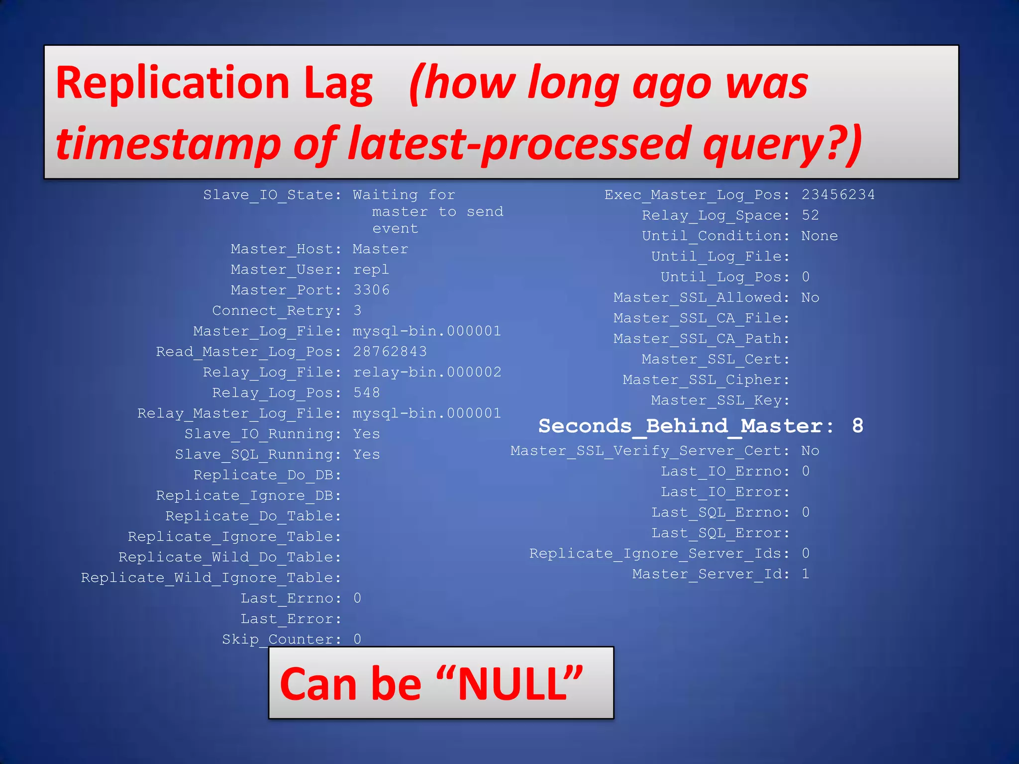 Slave_IO_State: Waiting for master to send event Master_Host: Master Master_User: repl Master_Port: 3306 Connect_Retry: 3 Master_Log_File: mysql-bin.000001 Read_Master_Log_Pos: 28762843 Relay_Log_File: relay-bin.000002 Relay_Log_Pos: 548 Relay_Master_Log_File: mysql-bin.000001 Slave_IO_Running: Yes Slave_SQL_Running: Yes Replicate_Do_DB: Replicate_Ignore_DB: Replicate_Do_Table: Replicate_Ignore_Table: Replicate_Wild_Do_Table: Replicate_Wild_Ignore_Table: Last_Errno: 0 Last_Error: Skip_Counter: 0 Exec_Master_Log_Pos: 23456234 Relay_Log_Space: 52 Until_Condition: None Until_Log_File: Until_Log_Pos: 0 Master_SSL_Allowed: No Master_SSL_CA_File: Master_SSL_CA_Path: Master_SSL_Cert: Master_SSL_Cipher: Master_SSL_Key: Seconds_Behind_Master: 8 Master_SSL_Verify_Server_Cert: No Last_IO_Errno: 0 Last_IO_Error: Last_SQL_Errno: 0 Last_SQL_Error: Replicate_Ignore_Server_Ids: 0 Master_Server_Id: 1 Replication Lag (how long ago was timestamp of latest-processed query?) Can be “NULL” 
