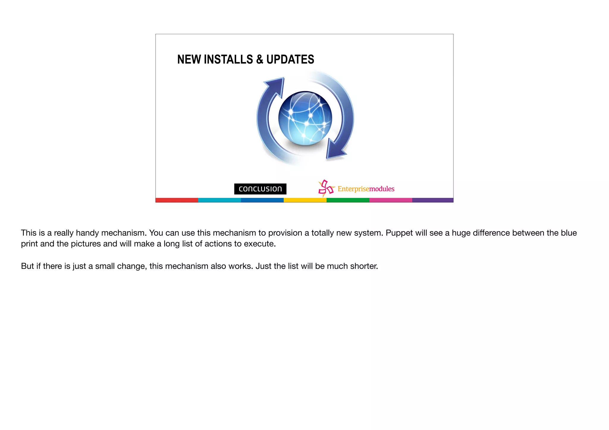 For new install’s and updates
NEW INSTALLS & UPDATES
This is a really handy mechanism. You can use this mechanism to provision a totally new system. Puppet will see a huge diﬀerence between the blue
print and the pictures and will make a long list of actions to execute.

But if there is just a small change, this mechanism also works. Just the list will be much shorter. 

 