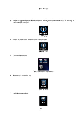 16
Şekil 16: apps
• Petget, bir uygulama için Linux termonolojisidir. Bunlar çevrimiçi havuzlarda tutulur ve herhangi bir
paketi indirip kurabilirsiniz.
Şekil 17: petget
• SFSGet , SFS dosyalarını indirmek için bir komut dosyası.
Şekil 18: sfsget
• Kapsayıcılı uygulamalar.
Şekil 19: Kapsayıcılı uygulamalar
• Windowsdaki Recycle Bin gibi
Şekil 20: trash
• Zip dosyalarını açmak için
 