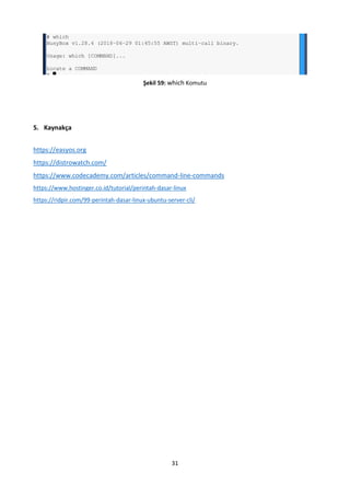 31
Şekil 59: which Komutu
5. Kaynakça
https://easyos.org
https://distrowatch.com/
https://www.codecademy.com/articles/command-line-commands
https://www.hostinger.co.id/tutorial/perintah-dasar-linux
https://ridpir.com/99-perintah-dasar-linux-ubuntu-server-cli/
 